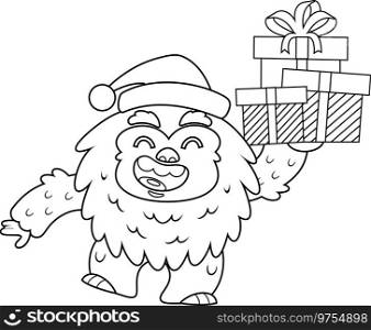 Outlined Cute Christmas Christmas Yeti Bigfoot Cartoon Character Holding Up Gift Boxes. Vector Hand Drawn Illustration Isolated On Transparent Background