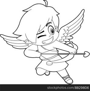 Outlined Cute Cupid Baby Cartoon Character Flying With His Bow And Arrow Of Love. Vector Hand Drawn Illustration Isolated On Transparent Background