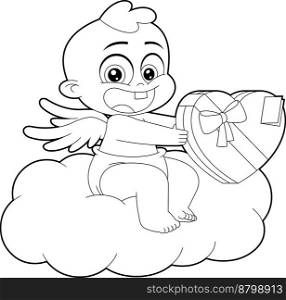 Outlined Cute Cupid Baby Cartoon Character On Cloud Holds Heart Gift Box. Vector Hand Drawn Illustration Isolated On Transparent Background