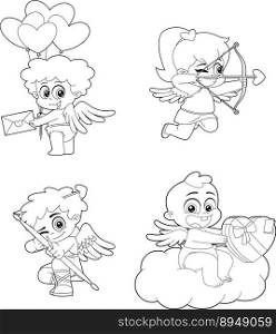 Outlined Cute Cupid Baby Cartoon Character. Vector Hand Drawn Collection Set Isolated On Transparent Background