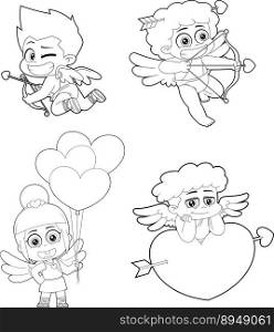 Outlined Cute Cupid Baby Cartoon Character. Vector Hand Drawn Collection Set Isolated On Transparent Background
