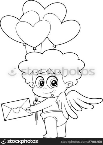 Outlined Cute Cupid Baby Cartoon Character With Heart Balloons Holding Love letter. Vector Hand Drawn Illustration Isolated On Transparent Background