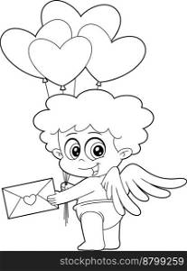 Outlined Cute Cupid Baby Cartoon Character With Heart Balloons Holding Love letter. Vector Hand Drawn Illustration Isolated On Transparent Background