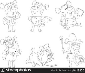 Outlined Cute Dog Cartoon Character. Vector Hand Drawn Collection Set Isolated On Transparent Background
