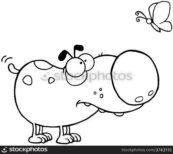 Outlined Cute Dog Cartoon Mascot Character With Butterfly
