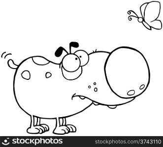 Outlined Cute Dog Cartoon Mascot Character With Butterfly