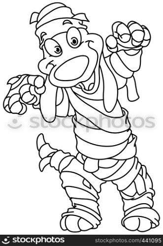 Outlined cute dog dressed as a mummy for Halloween. Vector line art illustration coloring page.
