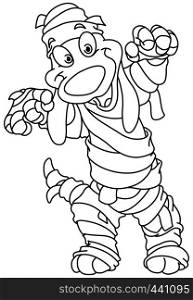 Outlined cute dog dressed as a mummy for Halloween. Vector line art illustration coloring page.