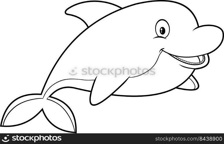 Outlined Cute Dolphin Fish Cartoon Character Jumping. Vector Hand Drawn Illustration Isolated On White Background