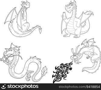 Outlined Cute Dragon Cartoon Characters. Vector Hand Drawn Collection Set Isolated On Transparent Background