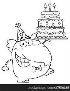 Outlined Cute Elephant Walking With Birthday Cake With Three Candles