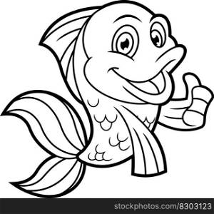 Outlined Cute Fish Cartoon Character Showing Thumbs Up. Vector Hand Drawn Illustration Isolated On Transparent Background