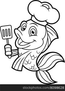Outlined Cute Fish Chef Cartoon Character Holding A Slotted Spatula. Vector Hand Drawn Illustration Isolated On Transparent Background