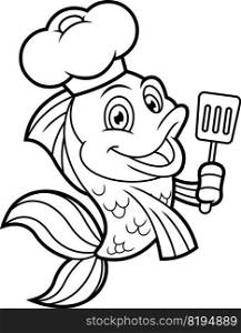 Outlined Cute Fish Chef Cartoon Character Holding A Slotted Spatula. Vector Hand Drawn Illustration Isolated On White Background
