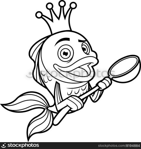 Outlined Cute Fish Or Goldfish Cartoon Character With Crown Holding A Spoon. Vector Hand Drawn Illustration Isolated On White Background