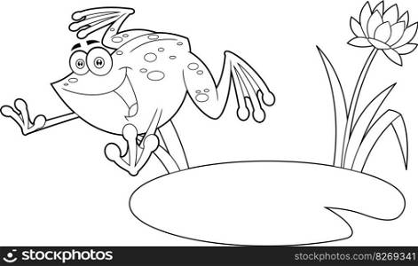 Outlined Cute Frog Cartoon Character Jumping. Vector Hand Drawn Illustration Isolated On Transparent Background