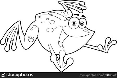Outlined Cute Frog Cartoon Character Jumping. Vector Hand Drawn Illustration Isolated On Transparent Background