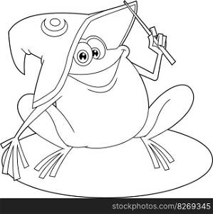 Outlined Cute Frog Cartoon Character With Wizard Hat And Magic Wand. Vector Hand Drawn Illustration Isolated On Transparent Background