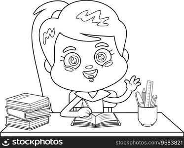 Outlined Cute School Girl Cartoon Character Raising Hand In Classroom Sitting At Desk. Vector Hand Drawn Illustration Isolated On Transparent Background