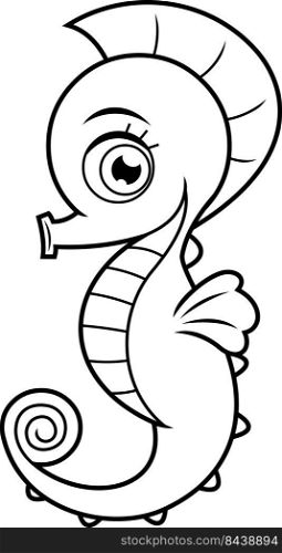 Outlined Cute Seahorse Cartoon Character In Underwater. Vector Hand Drawn Illustration Isolated On White Background