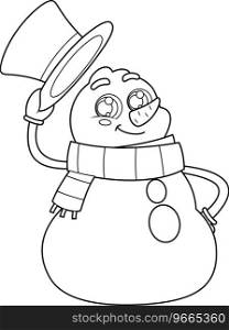 Outlined Cute Snowman Cartoon Character Waving His Hat. Vector Illustration Flat Design Isolated On Transparent Background