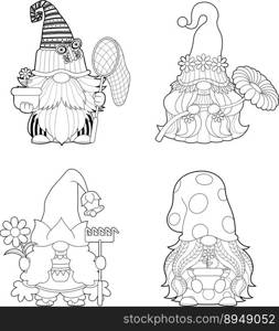 Outlined Cute Spring Gnomes Cartoon Characters In Different Poses. Vector Hand Drawn Collection Set Isolated On Transparent Background