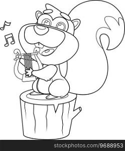 Outlined Cute Squirrel Cartoon Character Sing A Song With Harp. Vector Hand Drawn Illustration Isolated On Transparent Background