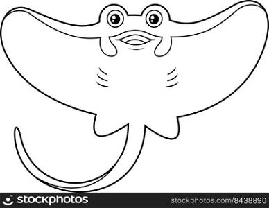 Outlined Cute Stingray Fish Cartoon Character Is Swimming. Vector Hand Drawn Illustration Isolated On White Background