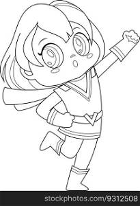 Outlined Cute Super Hero Kid Girl Cartoon Character. Vector Hand Drawn Illustration Isolated On Transparent Background