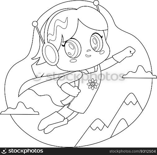 Outlined Cute Super Hero Kid Girl Cartoon Character Flying. Vector Hand Drawn Illustration Isolated On Transparent Background