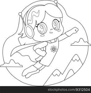 Outlined Cute Super Hero Kid Girl Cartoon Character Flying. Vector Hand Drawn Illustration Isolated On Transparent Background