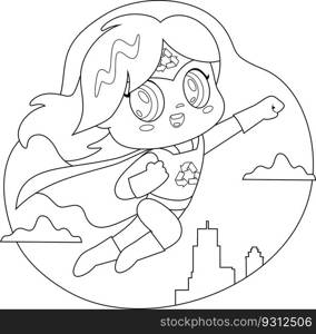 Outlined Cute Super Hero Kid Girl Cartoon Character Flying. Vector Hand Drawn Illustration Isolated On Transparent Background