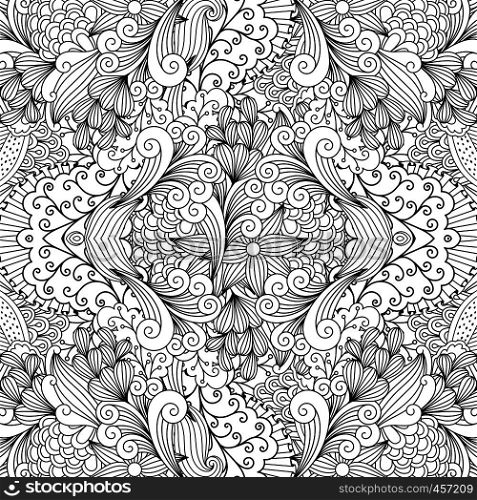Outlined design of seamless decorative textile pattern with elegant wavy flower and leaf type shapes. Seamless textile pattern with decorative shapes