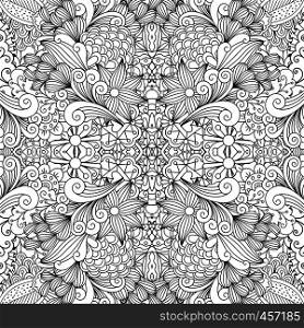 Outlined design of seamless ornate textile background with wavy flower and leaf type shaped objects. Seamless background textile with floral shapes