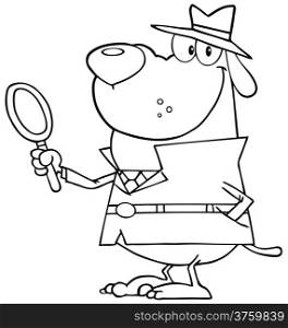 Outlined Detective Dog Holding A Magnifying Glass