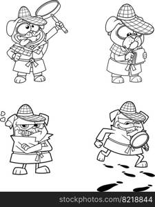 Outlined Detective Pug Dog Cartoon Character In Different Poses. Vector Hand Drawn Collection Set Isolated On Transparent Background