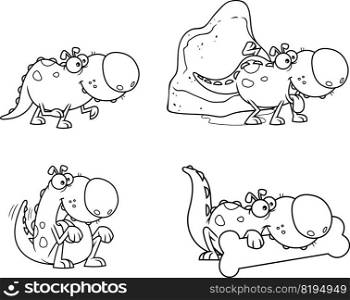 Outlined Dino Dog Cartoon Character. Vector Hand Drawn Collection Set Isolated On White Background