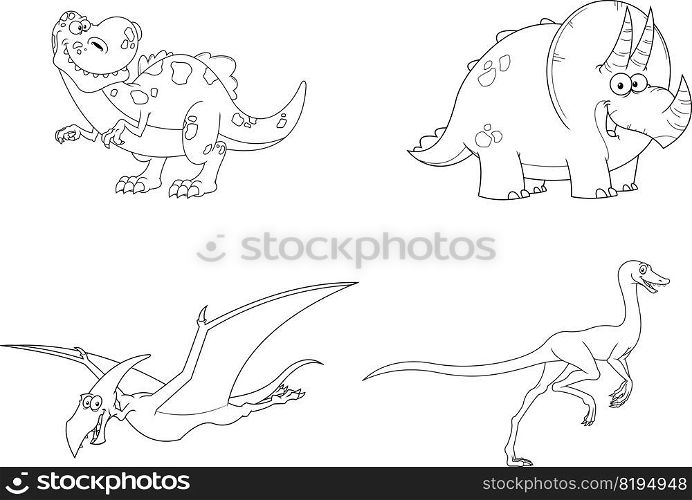 Outlined Dinosaur Cartoon Characters. Vector Hand Drawn Collection Set Isolated On White Background