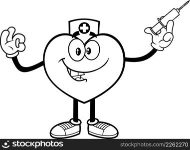 Outlined Doctor Heart Cartoon Character Holding Up A Syringe. Vector Hand Drawn Illustration Isolated On White Background