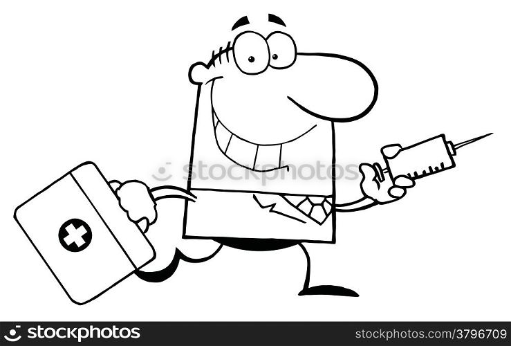 Outlined Doctor Running With A Syringe And Bag