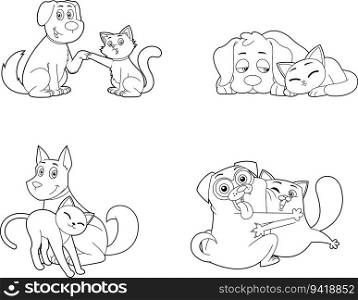 Outlined Dog And Cat Cartoon Characters Together. Vector Hand Drawn Collection Set Isolated On Transparent Background