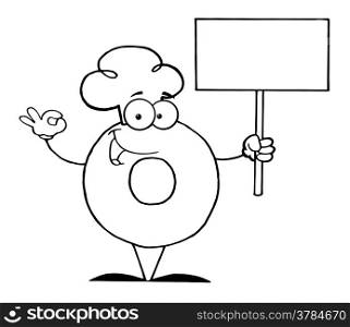 Outlined Donut Cartoon Character Holding A Blank Sign
