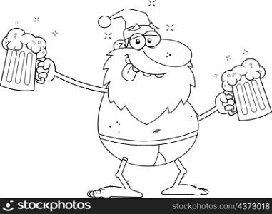 Outlined Drunk Santa Claus Cartoon Character With Two Mugs Of Beer. Vector Hand Drawn Illustration Isolated On Transparent Background