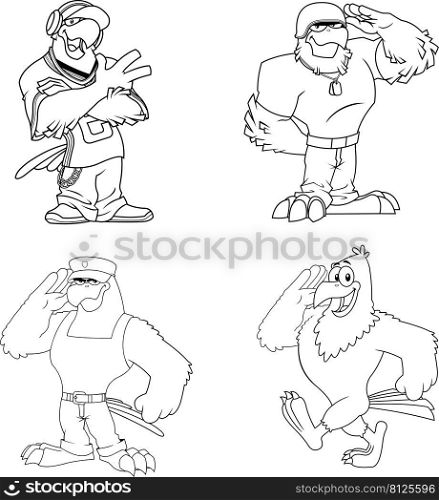 Outlined Eagle Cartoon Characters. Vector Hand Drawn Collection Set Isolated On White Background