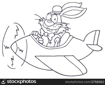 Outlined Easter Rabbit Flying With Plane
