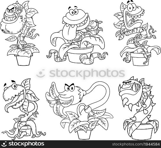 Outlined Evil Carnivorous Plants Cartoon Characters. Vector Hand Drawn Collection Set Isolated On White Background