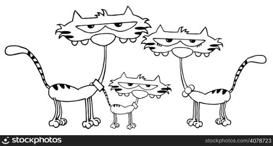 Outlined Family Cats Cartoon Characters