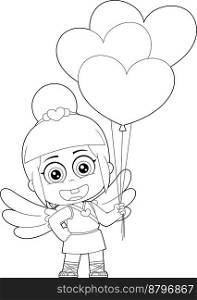 Outlined Female Chibi Cupid Baby Cartoon Character With Heart Balloons. Vector Hand Drawn Illustration Isolated On Transparent Background