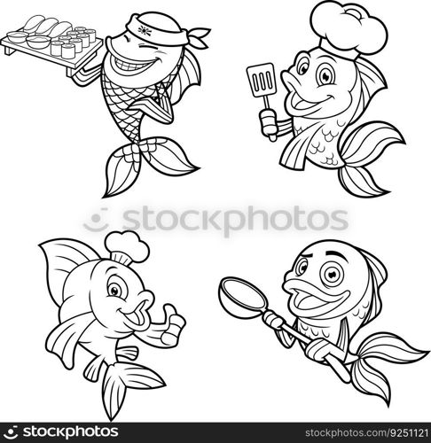 Outlined Fish Cartoon Characters. Vector Hand Drawn Collection Set Isolated On Transparent Background