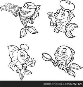 Outlined Fish Cartoon Characters. Vector Hand Drawn Collection Set Isolated On Transparent Background